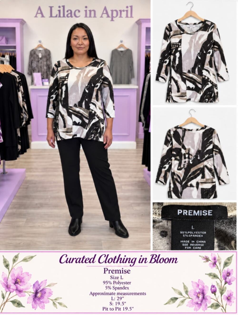 Premise Abstract Brushstroke Print 3/4 Sleeve Top Large